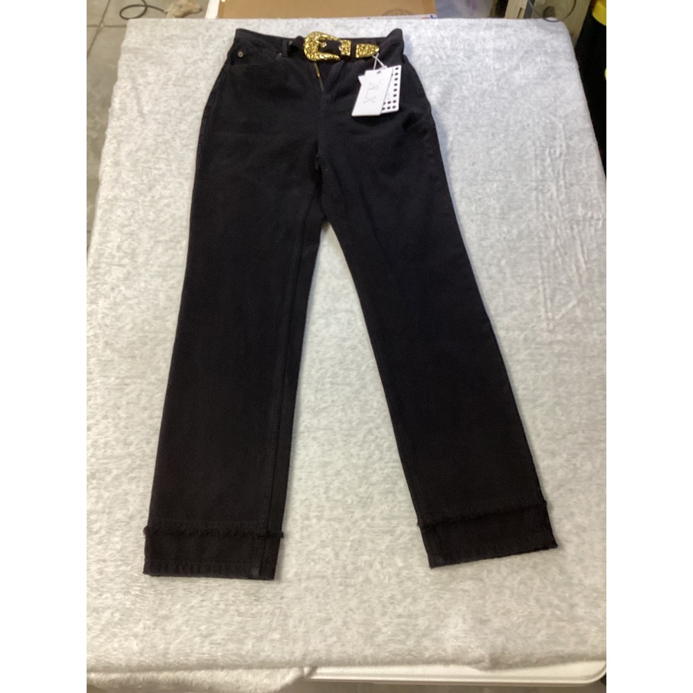 Le'ALX Western Belt Jeans Jet Black High Rise Straight Leg Raw Hem‎ Size 27 NEW